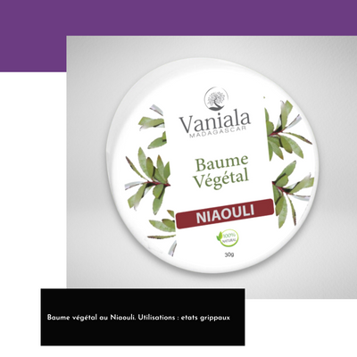 Baume végétal à l’huile essentielle de Niaouli - Plante unique de Madagascar. Soulage les symptômes de l’état grippal. Purifiant et relaxant, il aide à dégager les voies respiratoires. Anti-infectieux et expectorant, il soulage les gorges irritées. Anti-inflammatoire, il apaise les douleurs articulaires. Pot 30g