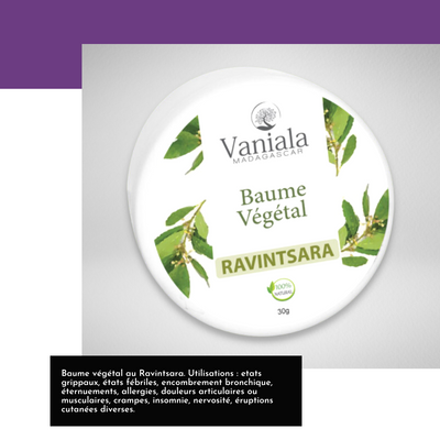 Baume végétal, 100 % naturel, à l’huile essentielle de Ravintsara - Plante unique de Madagascar.  Utilisations : etats grippaux, états fébriles, encombrement bronchique, éternuements, allergies, douleurs articulaires ou musculaires, crampes, insomnie, nervosité, éruptions cutanées diverses.