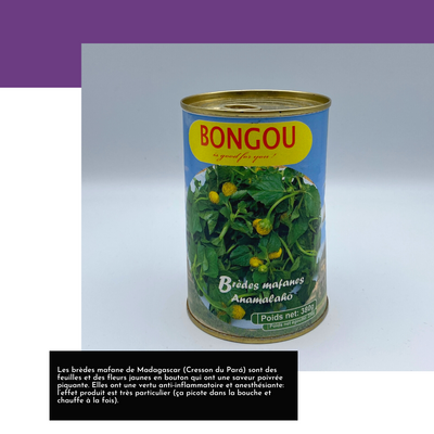 Les brèdes mafane de Madagascar (Cresson du Pará) sont des feuilles et des fleurs jaunes en bouton qui ont une saveur poivrée piquante. Elles ont une vertu anti-inflammatoire et anesthésiante: l’effet produit est très particulier (ça picote dans la bouche et chauffe à la fois).  Cultivée sur les hautes terres, c’est un ingrédient principal du célèbre plat national malagasy