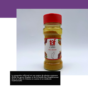  Le Carry de Taf ™ est une épice malgache proche du curry qui se diffère par la composition des ingrédients. Il est constitué de mélange d’épices moulues tels que le curcuma et le gingembre.  Son utilisation culinaire est identique au poudre de curcuma ou au curry. Son goût est beaucoup plus puissant grâce au mélange d’épices.   Formats : flacon 40 g, sachet zippé 250 g