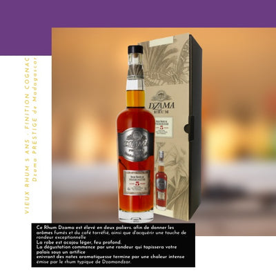 Ce Vieux Rhum Dzama est élevé en deux paliers. Dans un premier temps dans un fût de chêne selon la méthode traditionnelle afin de donner les arômes fumés et du café torréfié. Il s’en suit une finalisation en fût de chêne utilisé antérieurement pour l’élevage du Cognac. Cette étape permet au vieux rhum d’acquérir une touche et une rondeur exceptionnelle.