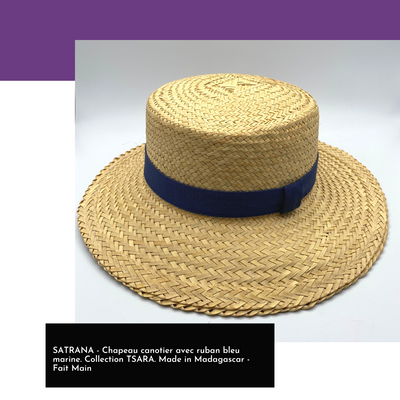 SATRANA - Chapeau canotier avec ruban bleu marine. Collection TSARA. Made in Madagascar - Fait Main