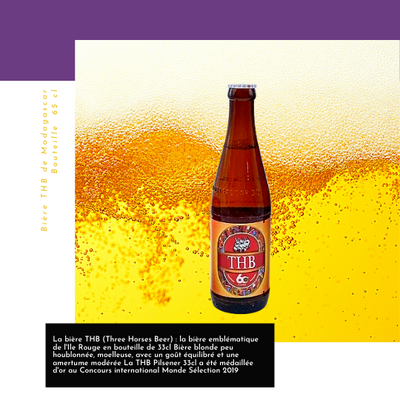 La bière THB (Three Horses Beer) : la bière emblématique de l'Ile Rouge en bouteille de 33cl Bière blonde peu houblonnée, moelleuse, avec un goût équilibré et une amertume modérée La THB Pilsener 33cl a été médaillée d'or au Concours international Monde Sélection 2019