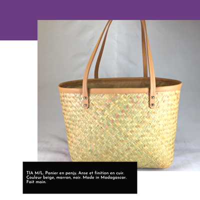 Panier en penjy. Anse et finition en cuir. Couleur beige, marron, noir.   Taille M : Longueur 48cm. Hauteur 30cm. Taille L : Longueur 61 cm. Hauteur 32 cm.  Made in Madagascar. Fait main.